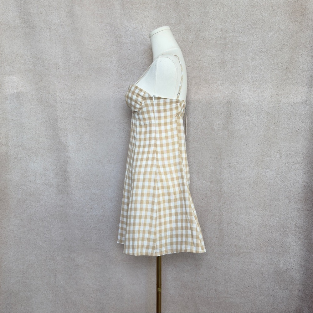 Promesa Gingham Checkered Cream & Oatmeal Mini Dress With Sweetheart Neckline - Picture 4 of 7